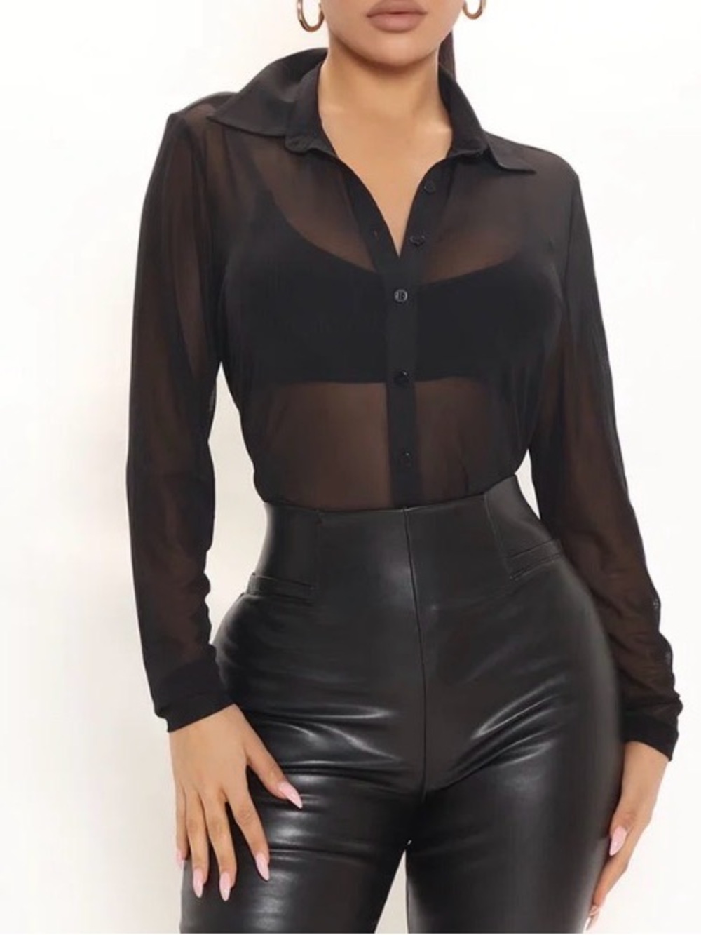Fashion Nova Sheer Black Button-Up Blouse